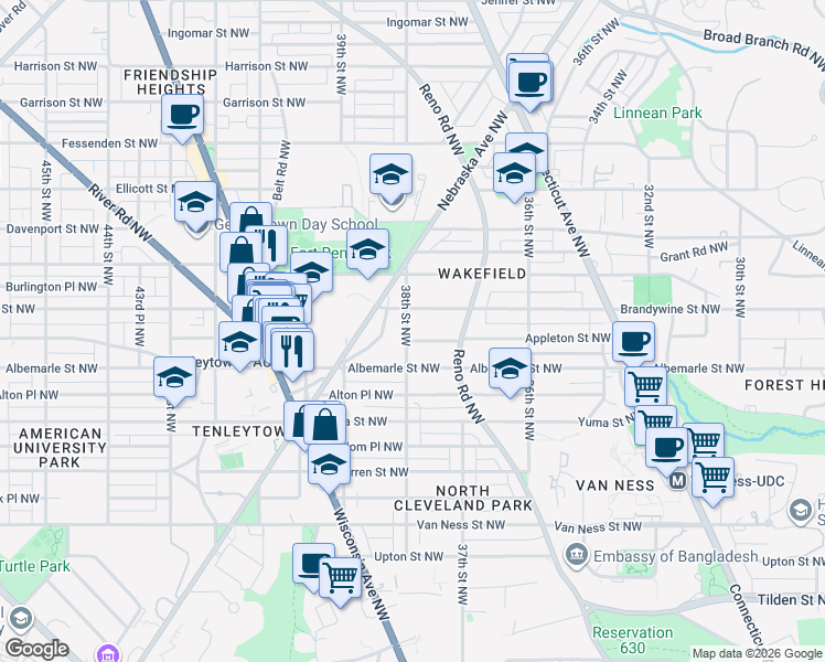 map of restaurants, bars, coffee shops, grocery stores, and more near 4525 38th Street Northwest in Washington