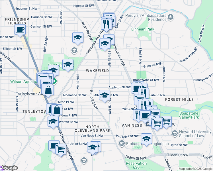 map of restaurants, bars, coffee shops, grocery stores, and more near 3601 Appleton Street Northwest in Washington