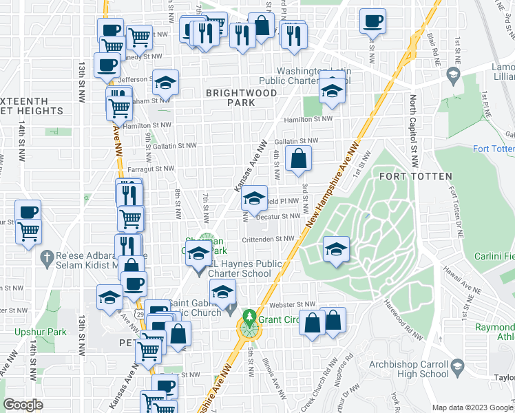 map of restaurants, bars, coffee shops, grocery stores, and more near 438 Delafield Place Northwest in Washington