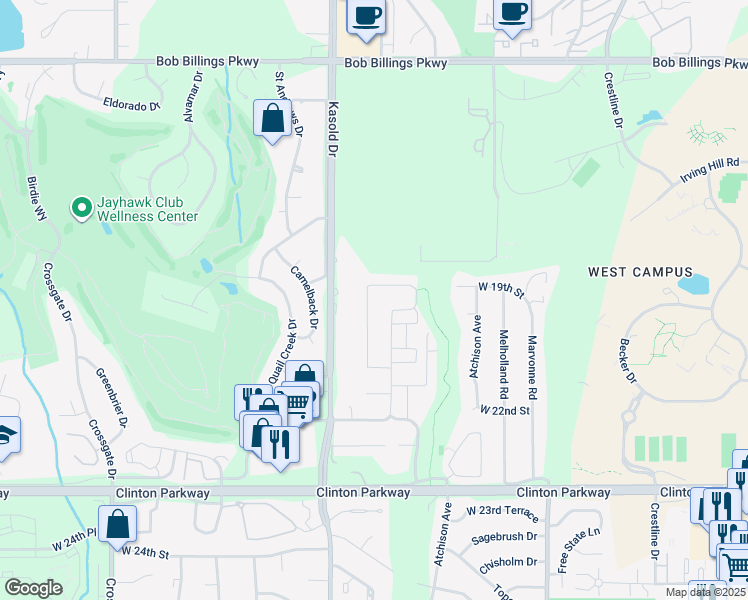 map of restaurants, bars, coffee shops, grocery stores, and more near 1904 Jenny Wren Road in Lawrence