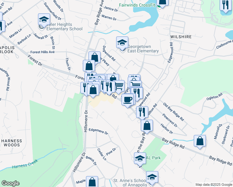 map of restaurants, bars, coffee shops, grocery stores, and more near 918 Bay Ridge Road in Annapolis
