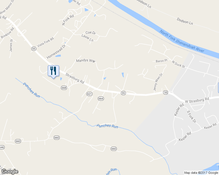 map of restaurants, bars, coffee shops, grocery stores, and more near 1000 Strasburg Road in Front Royal