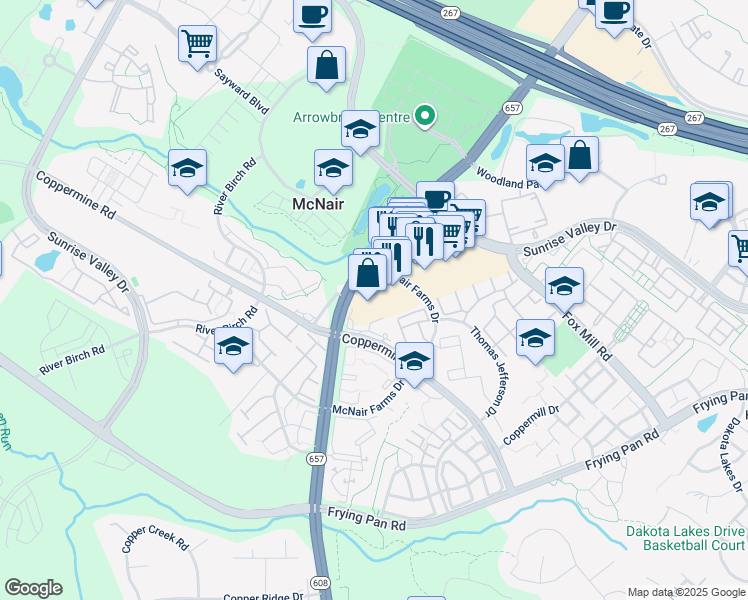 map of restaurants, bars, coffee shops, grocery stores, and more near 2545 Centreville Road in Herndon