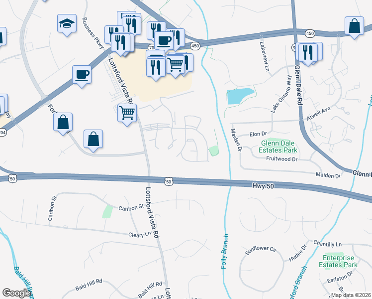 map of restaurants, bars, coffee shops, grocery stores, and more near 4309 Lavender Lane in Bowie