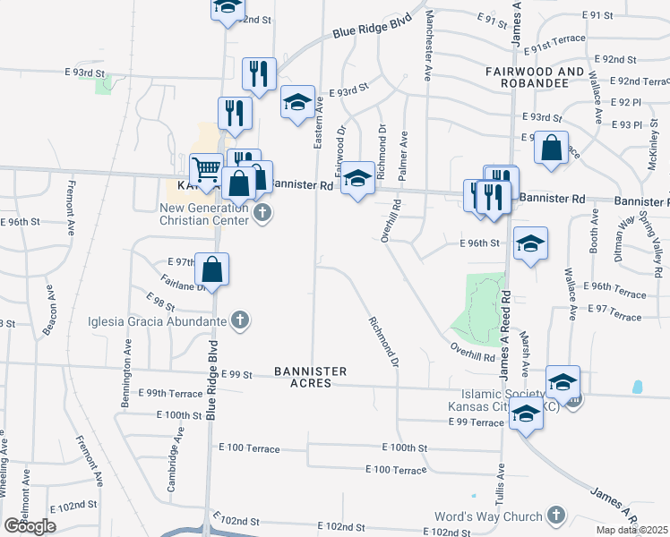 map of restaurants, bars, coffee shops, grocery stores, and more near Richmond Avenue in Kansas City