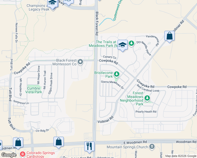 map of restaurants, bars, coffee shops, grocery stores, and more near 8198 Chasewood Loop in Colorado Springs