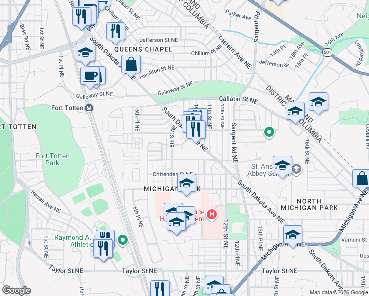 map of restaurants, bars, coffee shops, grocery stores, and more near 819 Delafield Street Northeast in Washington