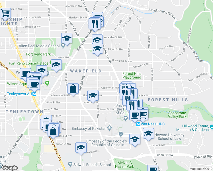 map of restaurants, bars, coffee shops, grocery stores, and more near 3559 Appleton Street Northwest in Washington