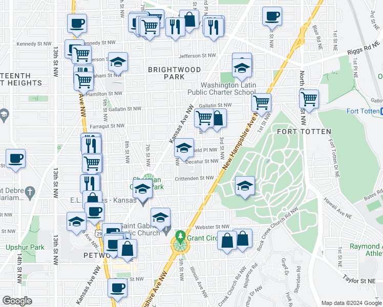 map of restaurants, bars, coffee shops, grocery stores, and more near 424 Delafield Place Northwest in Washington