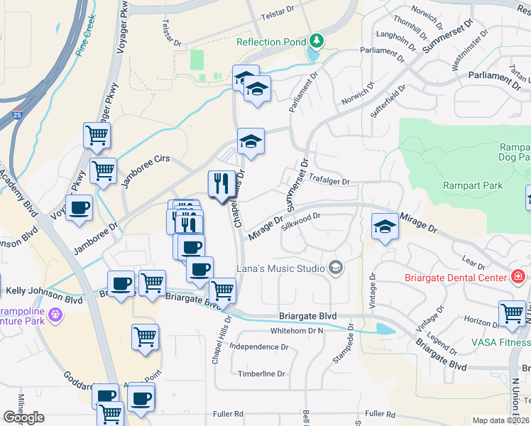 map of restaurants, bars, coffee shops, grocery stores, and more near 1570 Chapel Hills Drive in Colorado Springs