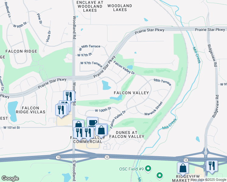 map of restaurants, bars, coffee shops, grocery stores, and more near 19209 West 98th Terrace in Lenexa