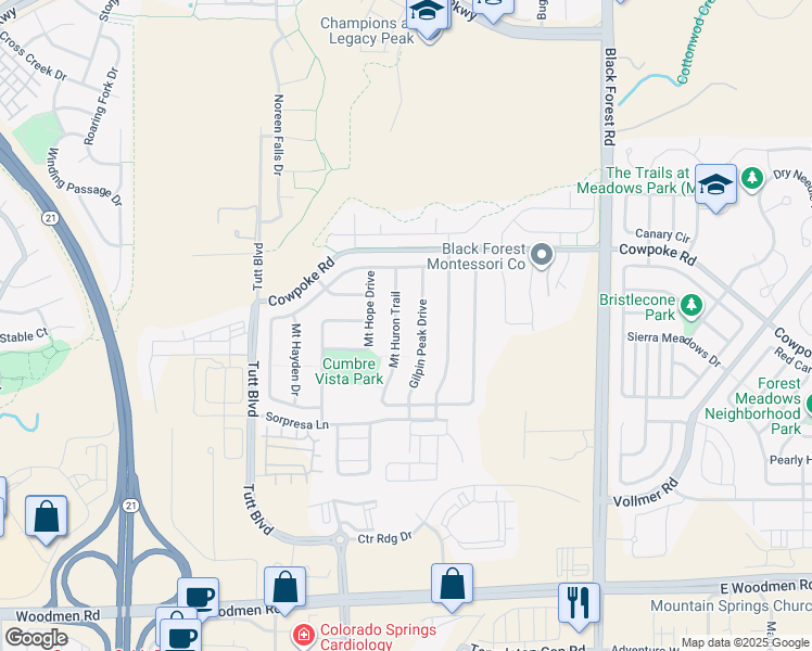 map of restaurants, bars, coffee shops, grocery stores, and more near 8047 Mount Huron Trail in Colorado Springs