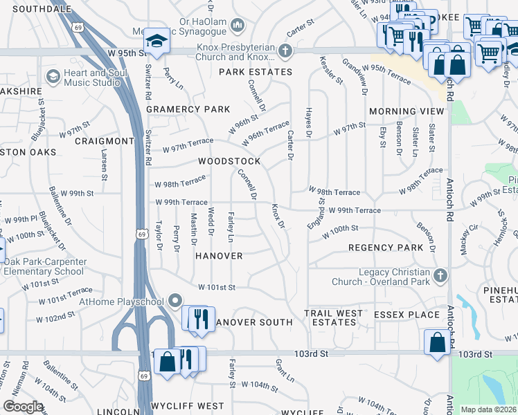 map of restaurants, bars, coffee shops, grocery stores, and more near 9901 Connell Drive in Overland Park