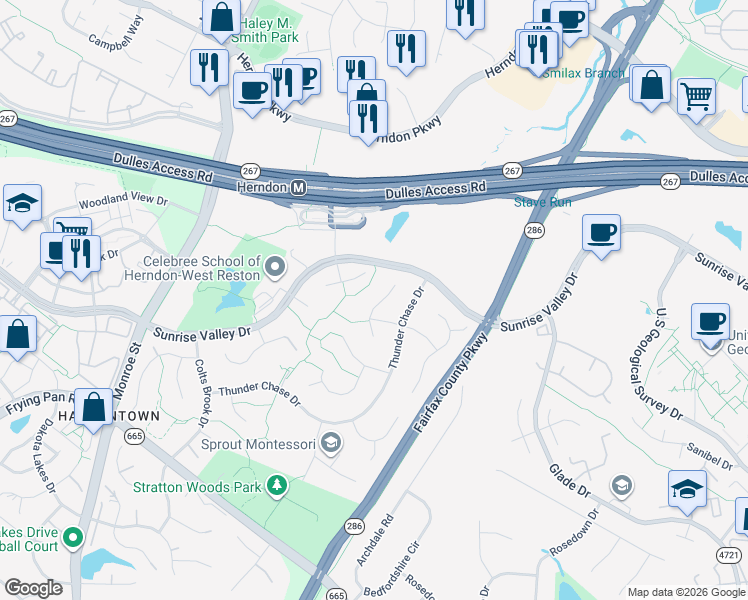 map of restaurants, bars, coffee shops, grocery stores, and more near 2210 Stirrup Iron Lane in Reston