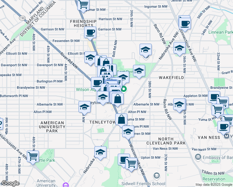 map of restaurants, bars, coffee shops, grocery stores, and more near 4530 40th Street Northwest in Washington