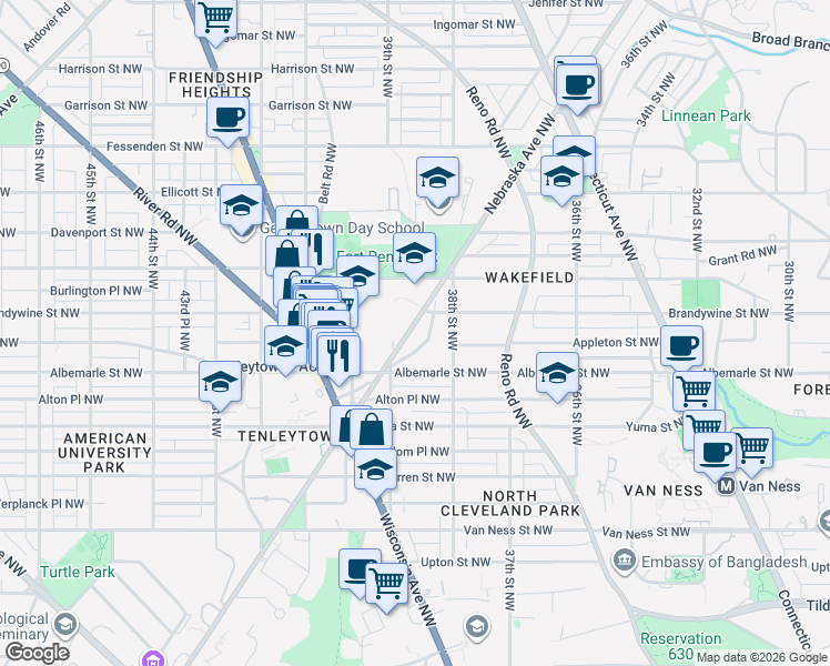 map of restaurants, bars, coffee shops, grocery stores, and more near 4535 Nebraska Avenue Northwest in Washington