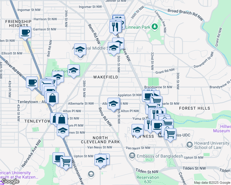 map of restaurants, bars, coffee shops, grocery stores, and more near 3601 Appleton Street Northwest in Washington