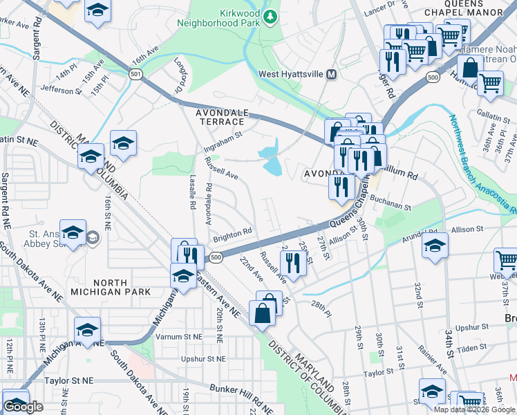 map of restaurants, bars, coffee shops, grocery stores, and more near 4819 Russell Avenue in Hyattsville