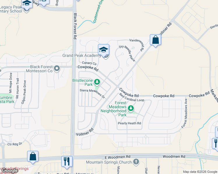 map of restaurants, bars, coffee shops, grocery stores, and more near 7607 Chasewood Loop in Colorado Springs