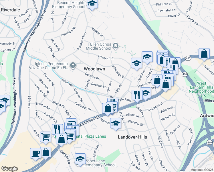 map of restaurants, bars, coffee shops, grocery stores, and more near 6944 Decatur Street in Hyattsville