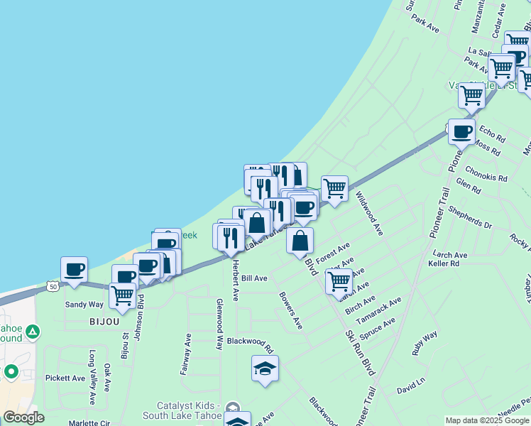 map of restaurants, bars, coffee shops, grocery stores, and more near 900 Ski Run Boulevard in South Lake Tahoe