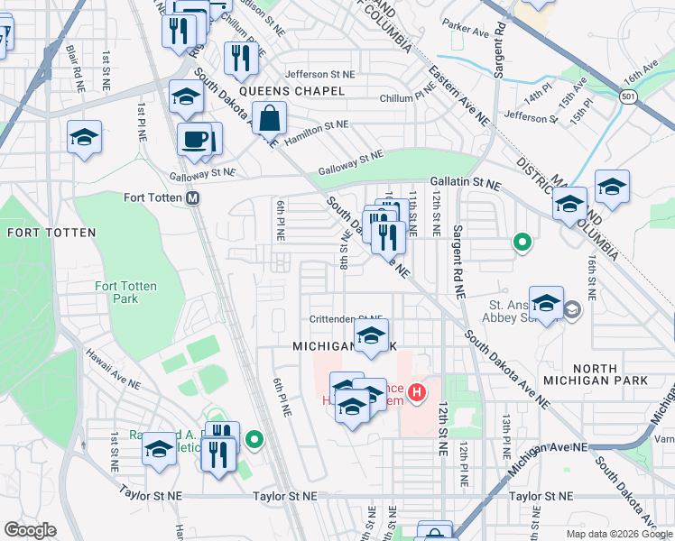 map of restaurants, bars, coffee shops, grocery stores, and more near 4928 8th Street Northeast in Washington