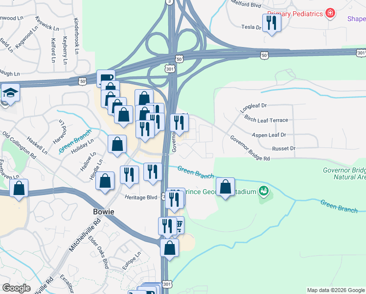 map of restaurants, bars, coffee shops, grocery stores, and more near 16501 Governor Bridge Road in Bowie