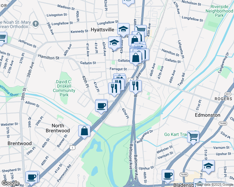map of restaurants, bars, coffee shops, grocery stores, and more near 4803 42nd Place in Hyattsville
