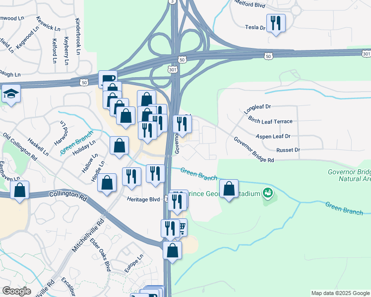 map of restaurants, bars, coffee shops, grocery stores, and more near 16501 Governor Bridge Road in Bowie