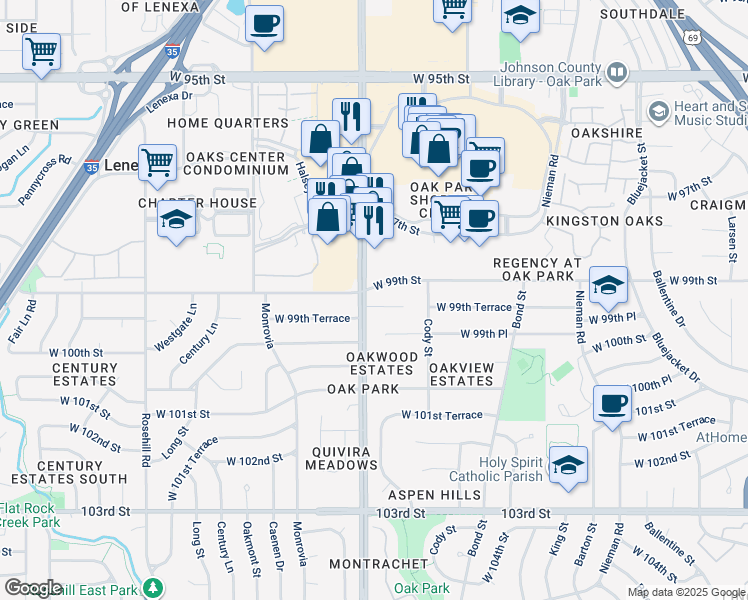 map of restaurants, bars, coffee shops, grocery stores, and more near 11848 West 99th Terrace in Overland Park