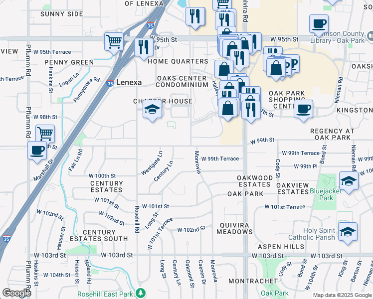 map of restaurants, bars, coffee shops, grocery stores, and more near 12307 West 99th Street in Lenexa