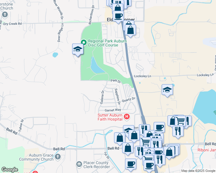 map of restaurants, bars, coffee shops, grocery stores, and more near 3711 Galena Drive in Auburn