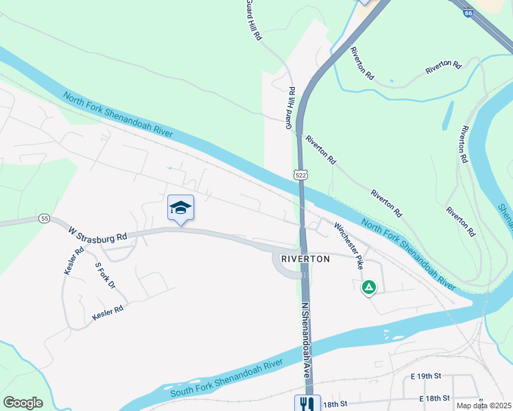 map of restaurants, bars, coffee shops, grocery stores, and more near 108 West Duck Street in Front Royal