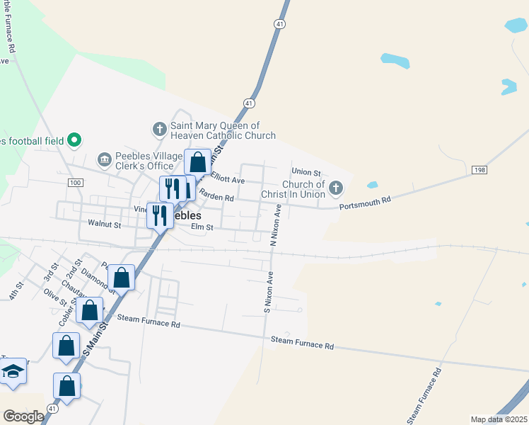 map of restaurants, bars, coffee shops, grocery stores, and more near 107 North Nixon Avenue in Peebles