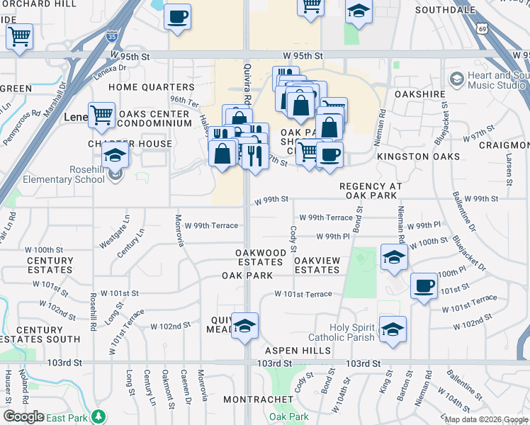 map of restaurants, bars, coffee shops, grocery stores, and more near 11800 West 99th Terrace in Overland Park