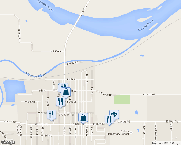 map of restaurants, bars, coffee shops, grocery stores, and more near 507 Ash Street in Eudora