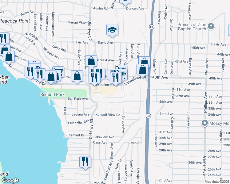 map of restaurants, bars, coffee shops, grocery stores, and more near 15155 Lakeshore Drive in Clearlake