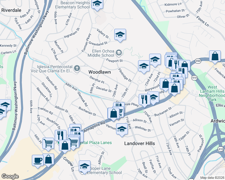 map of restaurants, bars, coffee shops, grocery stores, and more near 6944 Decatur Street in Hyattsville