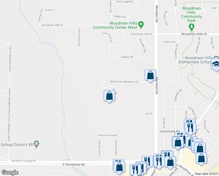 map of restaurants, bars, coffee shops, grocery stores, and more near 11437 Avena in Peyton
