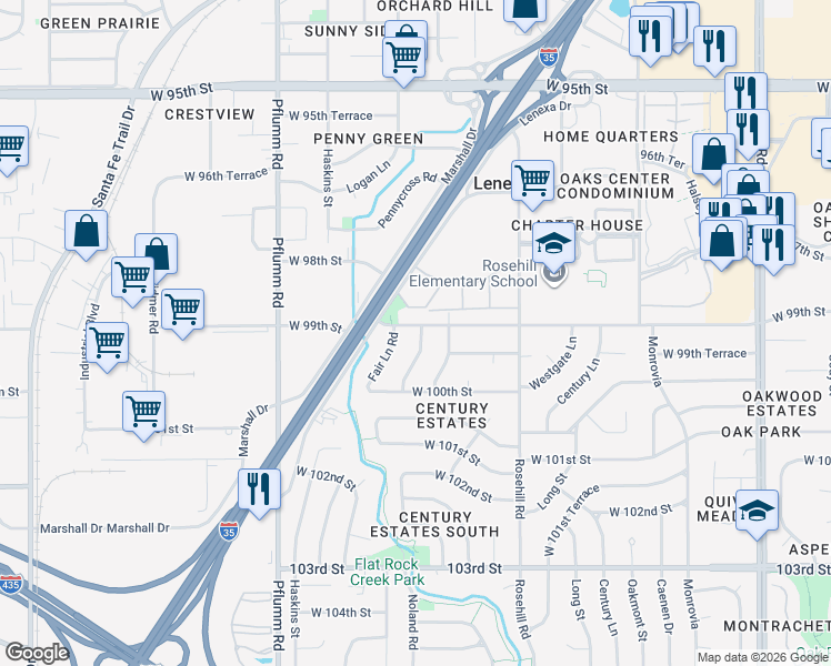 map of restaurants, bars, coffee shops, grocery stores, and more near 9900 Countryside Road in Lenexa