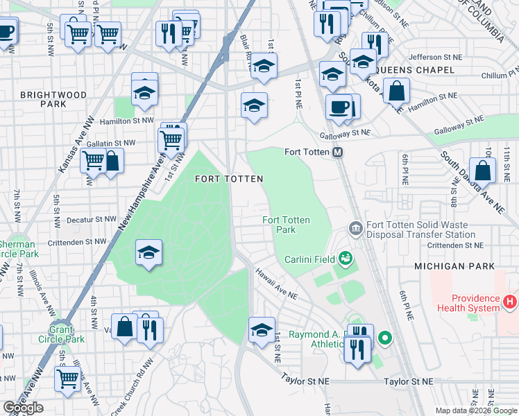 map of restaurants, bars, coffee shops, grocery stores, and more near 4826 Fort Totten Drive Northeast in Washington