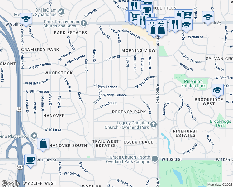 map of restaurants, bars, coffee shops, grocery stores, and more near 9114 West 99th Terrace in Overland Park