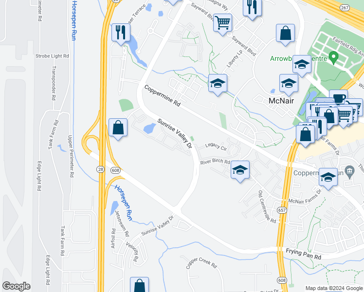 map of restaurants, bars, coffee shops, grocery stores, and more near 13809 Jefferson Park Drive in Herndon