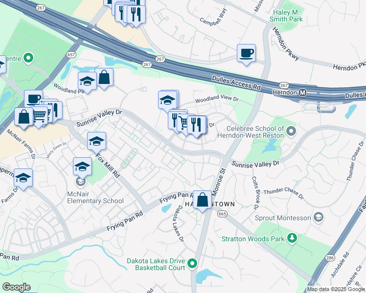 map of restaurants, bars, coffee shops, grocery stores, and more near 3201 Woodland Crossing Drive in Herndon