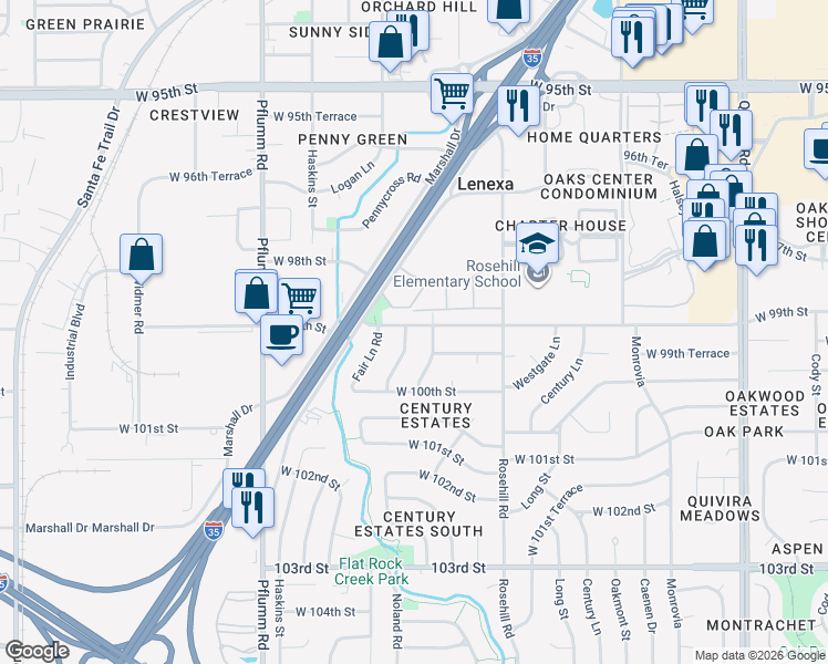 map of restaurants, bars, coffee shops, grocery stores, and more near 9900 Countryside Road in Lenexa