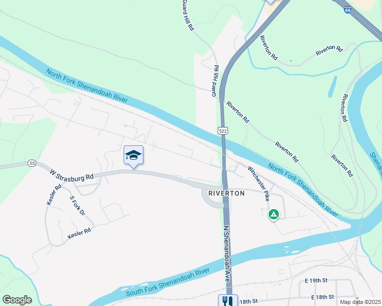 map of restaurants, bars, coffee shops, grocery stores, and more near 108 West Duck Street in Front Royal