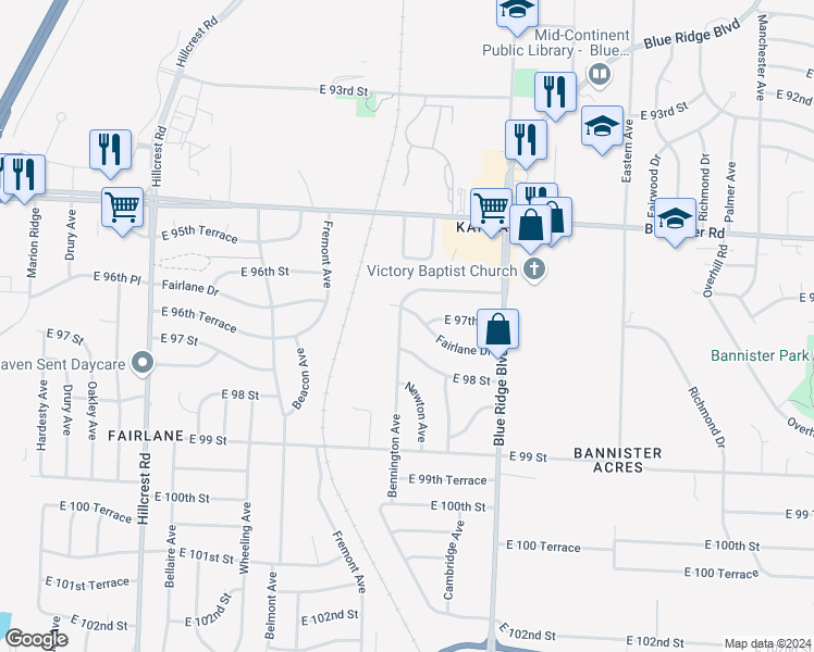 map of restaurants, bars, coffee shops, grocery stores, and more near 9705 Bennington Avenue in Kansas City