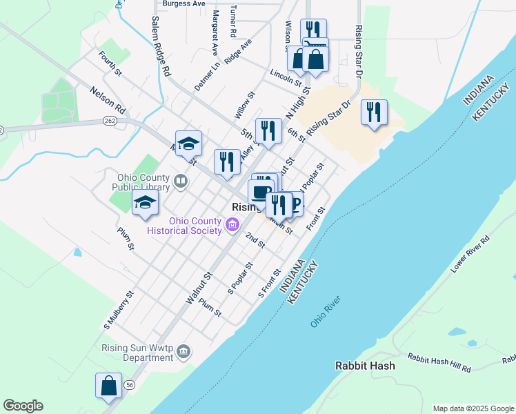 map of restaurants, bars, coffee shops, grocery stores, and more near in Rising Sun