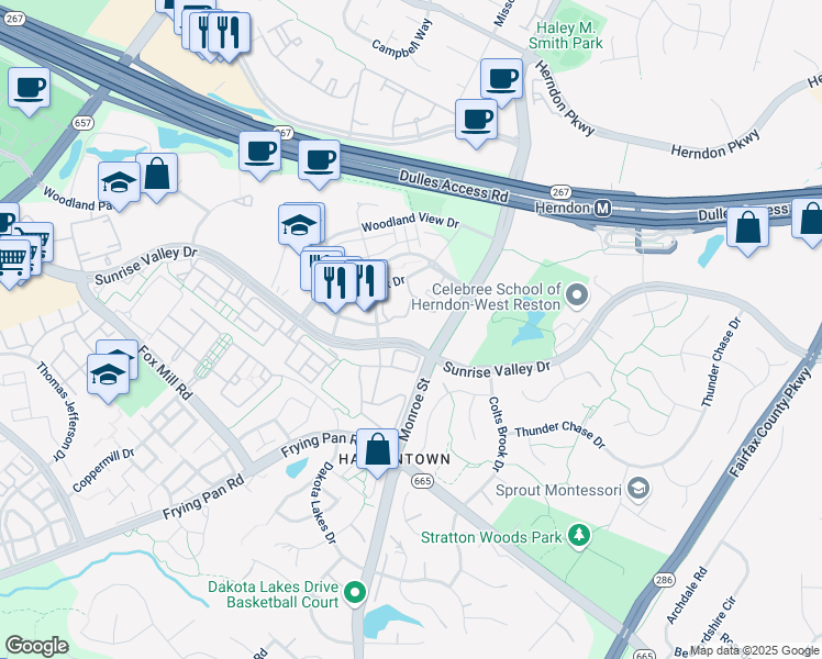 map of restaurants, bars, coffee shops, grocery stores, and more near 12909 Centre Park Circle in Herndon