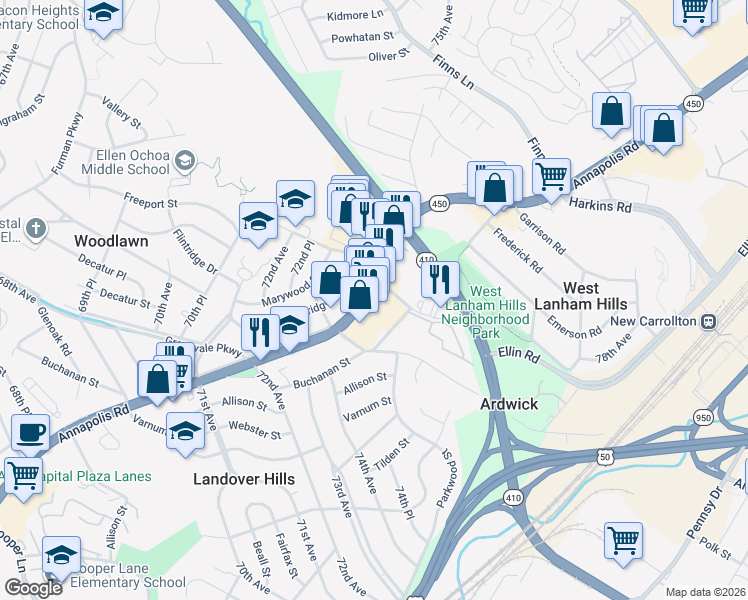 map of restaurants, bars, coffee shops, grocery stores, and more near 7459 Annapolis Road in Hyattsville